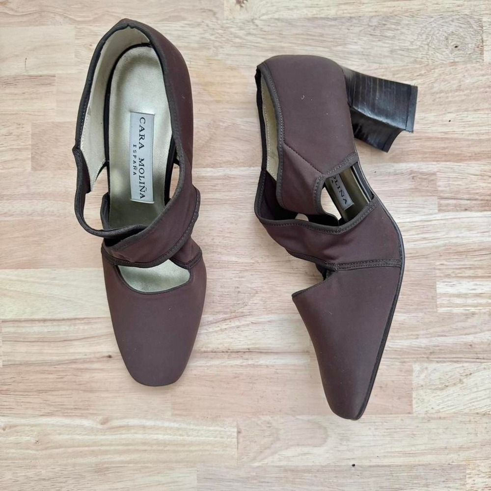 Vintage 90s‎ Chocolate Brown Heel Fabric y2k minimal designer block square toe